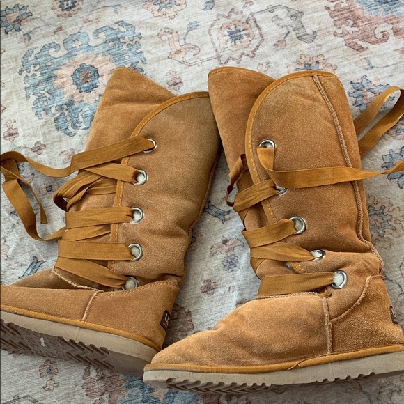 Tall Ugg Nomad ribbon lace up boots sherpa lined suede leather flats - Picture 11 of 16